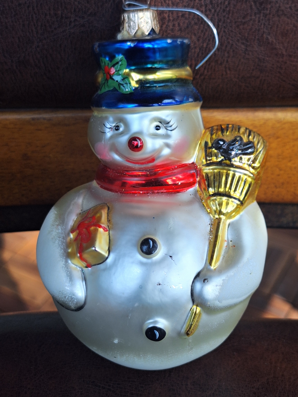 Source Unknown White Snowman Ornament with Blue Hat, Red Scarf & Gold Broom